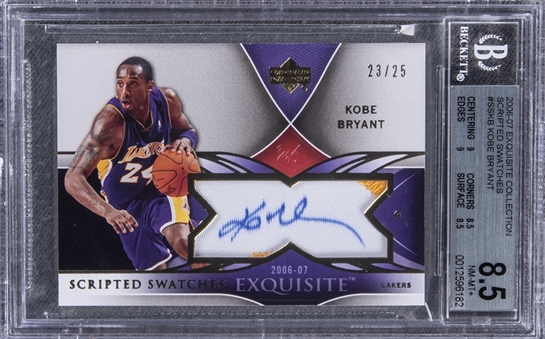 2006-07 UD "Exquisite Collection" Scripted Swatches #SS-KB Kobe Bryant Signed Game Used Patch Card (#23/25) – BGS NM-MT+ 8.5/BGS 10